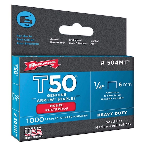 Arrow Fastener Heavy Duty Staples, T50, Flat Crown, 1/4 in Leg L, Monel, 1000 PK 504M1 - main